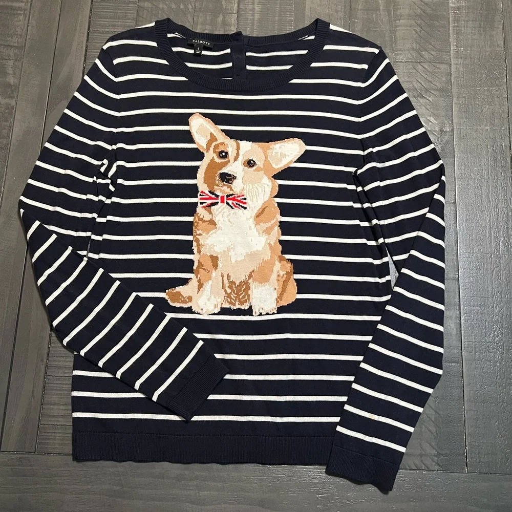 Talbots Navy Striped CORGI Dog Sweater - Size Small